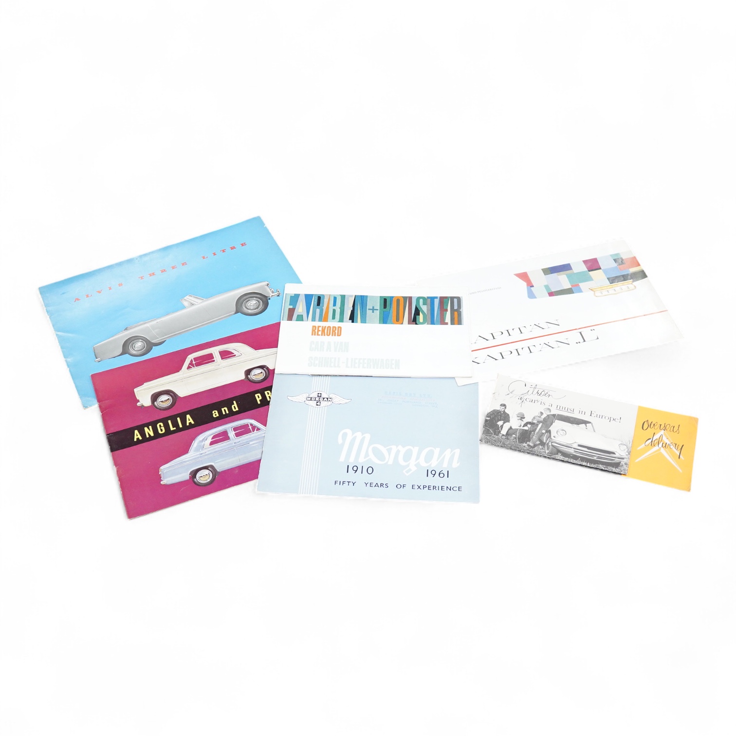 Six 1950s and 1960s motor car manufacturer’s brochures; the Alvis Three Litre TD21 (produced 1962-63), the Ford Anglia and Prefect (produced 1953-59), the Morgan (1960-61), the Opel Rekord P2 (produced 1960-63), the Opel